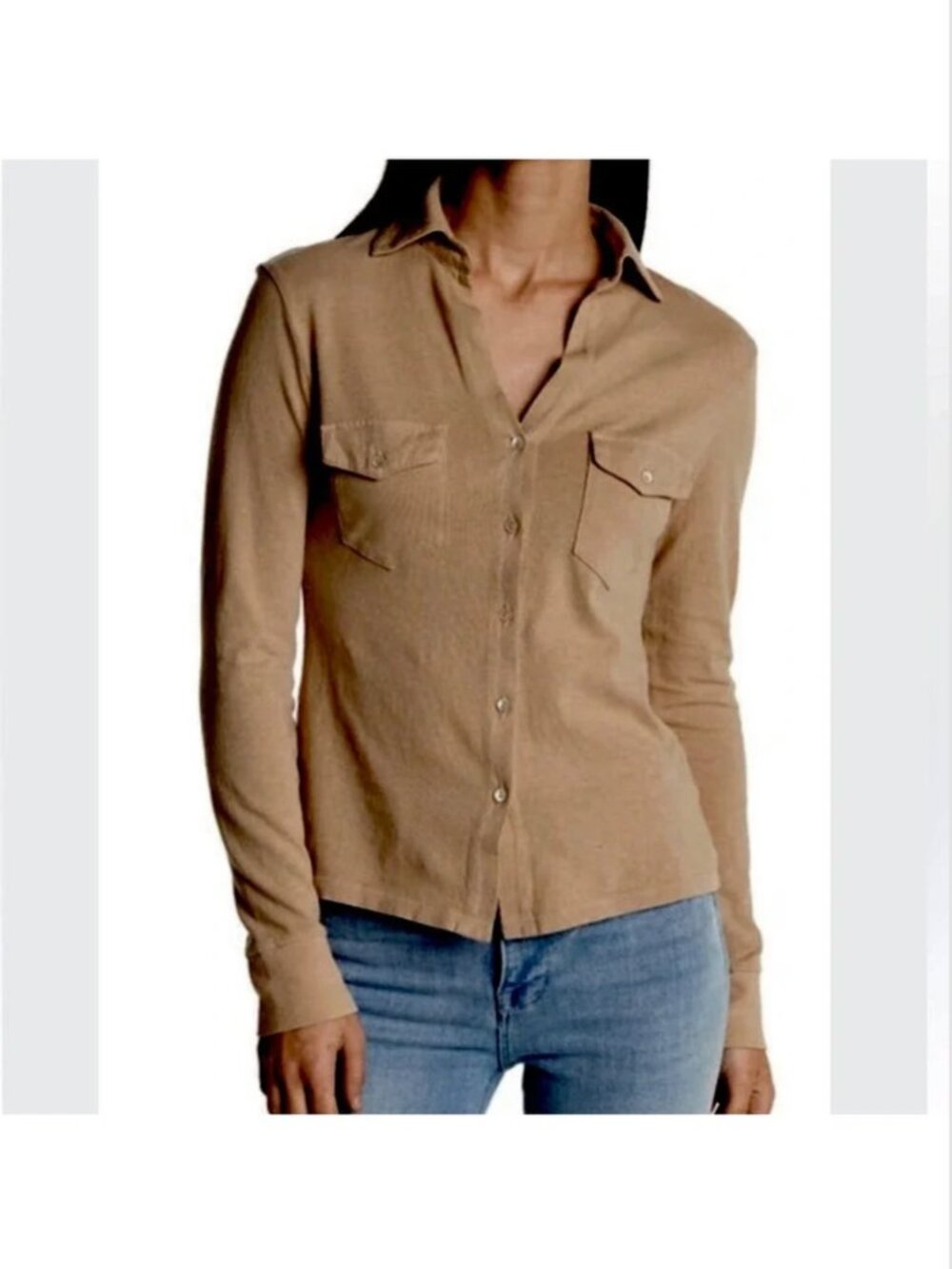 Nili Lotan Tan Cotton Jersey Utility Safari Button Down Shirt - XS - Made in USA